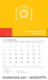 Wall calendar planner template for October 2021. Week starts on Sunday. Stationery design template. Vector illustration