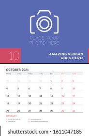 Wall calendar planner template for October 2021. Week starts on Monday. Stationery design template. Vector illustration