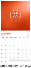 Wall Calendar Planner Template for October 2017. Week Starts Monday. Place for Photo. Stationery Design. Vector Illustration