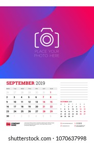 Wall calendar planner template for September 2019. Week starts on Monday. Vector illustration