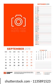 Wall calendar planner template for September 2019. Week starts on Monday. Vector illustration