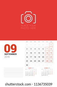 Wall calendar planner template for September 2019. Week starts on Monday. Vector illustration