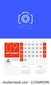 Wall calendar planner template for September 2019. Week starts on Sunday. Vector illustration