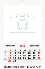 Wall calendar planner template for September 2019, week starts on sunday. Vector illustration.