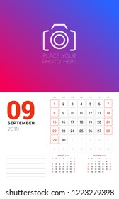 Wall calendar planner template for September 2019. Week starts on Sunday. Vector illustration
