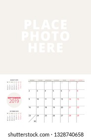 Wall calendar planner template for September 2019. Week starts on Monday. Vector illustration. Stationery print design