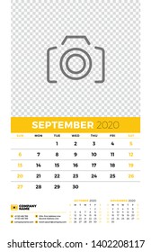 Wall calendar planner template for September 2020. Week starts on Sunday. Typographic design template. Yellow and black color theme. Vector illustration