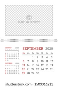Wall calendar planner template for September 2020 year with place for photo. English vector layout with dates grid on white background. Week starts from Sunday. White corporate calendar design.