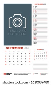 Wall calendar planner template for September 2021. Week starts on Sunday. Stationery design template. Vector illustration