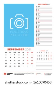 Wall calendar planner template for September 2021. Week starts on Monday. Stationery design template. Vector illustration