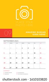 Wall calendar planner template for September 2021. Week starts on Sunday. Stationery design template. Vector illustration