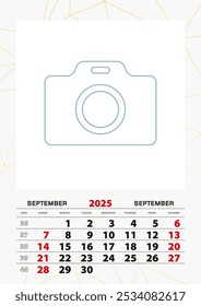 Wall calendar planner template for September 2025, week starts on sunday. Vector illustration.
