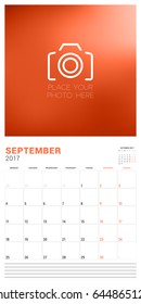 Wall Calendar Planner Template for September 2017. Week Starts Monday. Place for Photo. Stationery Design. Vector Illustration