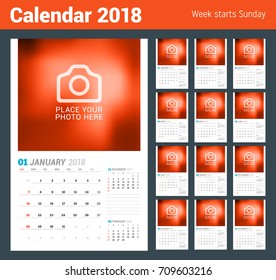 Wall calendar planner template. Vector design print template with place for photo. Week starts on Sunday. Set of 12 months