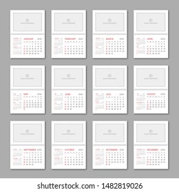 Wall calendar planner templates for 2020 year with place for photo. English vector set of 12 months with dates grid on white background. Week starts from Sunday. Calendar from January to December