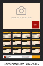 Wall Calendar Poster for 2016 Year. Vector Design Print Template with Place for Photo on Dark Background. Week Starts Monday. Portrait Orientation