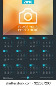 Wall Calendar Poster for 2016 Year. Vector Design Print Template with Place for Photo. Week Starts Monday