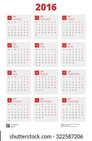 Wall Calendar Poster for 2016 Year. Vector Design Print Template with Place for Photo. Week Starts Monday