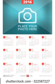 Wall Calendar Poster for 2016 Year. Vector Design Print Template with Place for Photo. Week Starts Monday