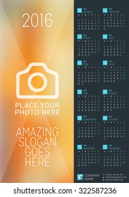 Wall Calendar Poster for 2016 Year. Vector Design Print Template with Place for Photo. Week Starts Monday