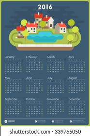 Wall Calendar Poster for 2016 Year. Vector Design Print Template with Flat Style Vector Illustration of a Small Town or Village