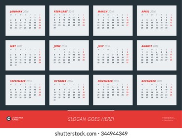 Wall Calendar Poster for 2016 Year. Vector Design Print Template. Week Starts Monday