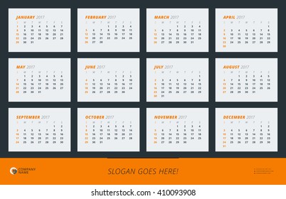 Wall Calendar Poster for 2017 Year. Vector Design Print Template. Landscape Orientation. Week Starts Sunday