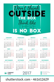Wall Calendar Poster for 2017 Year. Vector Design Print Template with Typographic Motivational Quote on Yellow Background. Dont think outside the box. Think like there is no box