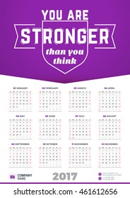 Wall Calendar Poster for 2017 Year. Vector Design Print Template with Typographic Motivational Quote on Yellow Background. You are stronger than you think
