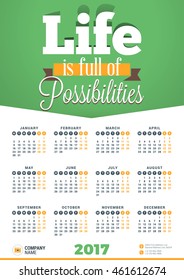 Wall Calendar Poster for 2017 Year. Vector Design Print Template with Typographic Motivational Quote on Yellow Background. Life is full of possibilities