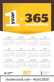 Wall Calendar Poster for 2017 Year. Vector Design Print Template with Typographic Motivational Quote on Yellow Background. 1year - 365 possibilities