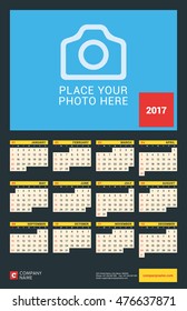 Wall Calendar Poster for 2017 Year. Vector Design Print Template with Place for Photo. Dark Background. Week Starts Sunday. 12 Months. Stationery Design