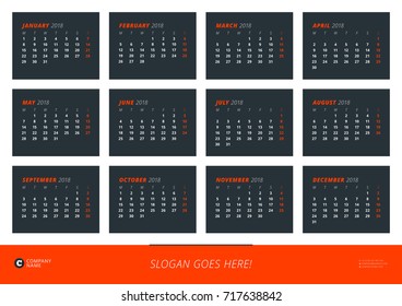 Wall calendar poster for 2018 year. Vector design print template. Landscape orientation. Week starts on Monday