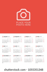 Wall calendar poster for 2019 year. Vector print template with place for photo. Week starts on Monday. 12 months on the page
