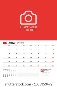 Wall calendar poster for 2019 year. Vector print template with place for photo. Week starts on Monday. 12 months on the page