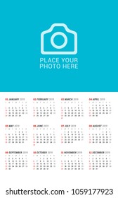 Wall calendar poster for 2019 year. Vector print template with place for photo. Week starts on Sunday. 12 months on the page