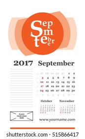 Wall calendar for september 2017 year. Week start sunday, classic grid with numbers. Editable vector template.