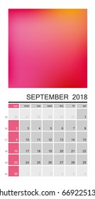 Wall calendar for September 2018 year. Multicolored page. Week start sunday, classic grid, english. Editable vector template for web and print design.