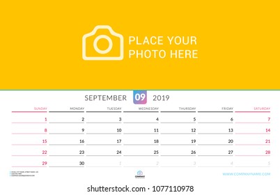 Wall calendar for September 2019. Vector design print template with place for photo. Week starts on Sunday. Landscape orientation