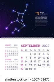 Wall calendar September 2020 year with virgo zodiac constellation. Virgo star sign and dates of birth on deep space background. Astrology horoscope with unique personality traits vector illustration