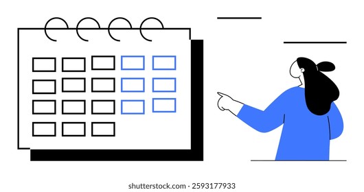 Wall calendar with several blank squares and some highlighted in blue. A person in a blue shirt points towards the calendar. Ideal for scheduling, planning, organization, time management