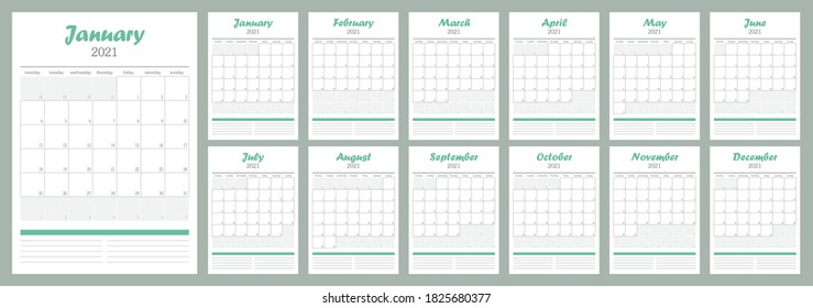 Wall Calendar tamplate of 2021 year. Event planer with simple clean design. Week starts on Monday