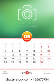 Wall Calendar Template for 2017 Year. September. Vector Design Template with Place for Photo. Week starts Monday. Portrait Orientation