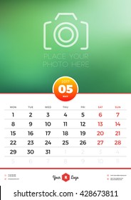 Wall Calendar Template for 2017 Year. May. Vector Design Template with Place for Photo. Week starts Monday. Portrait Orientation