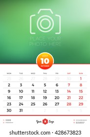 Wall Calendar Template for 2017 Year. October. Vector Design Template with Place for Photo. Week starts Monday. Portrait Orientation