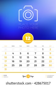 Wall Calendar Template for 2017 Year. December. Vector Design Template with Place for Photo. Week starts Sunday. Portrait Orientation