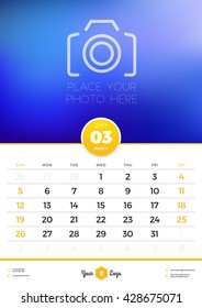 Wall Calendar Template for 2017 Year. March. Vector Design Template with Place for Photo. Week starts Sunday. Portrait Orientation