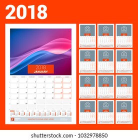 Wall calendar template for 2018 year. Vector illustration. Set of 12 months. Stationery design
