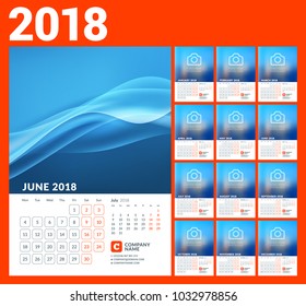 Wall calendar template for 2018 year. Vector illustration. Set of 12 months. Stationery design