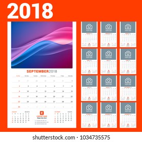 Wall calendar template for 2018 year. Vector illustration. Set of 12 months. Stationery design